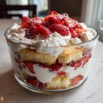 Close-up of a layered Strawberry Shortcake Trifle in a glass bowl with fresh strawberries, whipped cream, and cake.