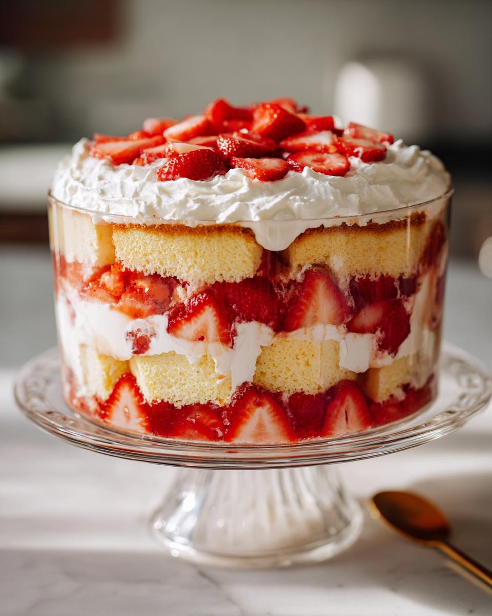 A layered Strawberry Shortcake Trifle in a glass bowl, showing cake, strawberries, and whipped cream.