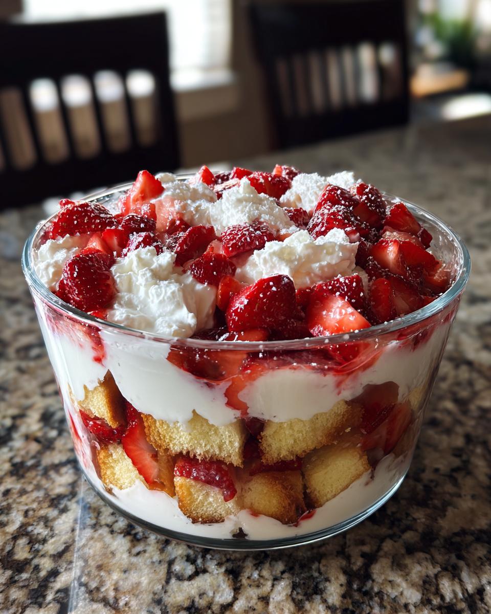 A layered Strawberry Shortcake Trifle in a glass bowl with strawberries, whipped cream, and cake.