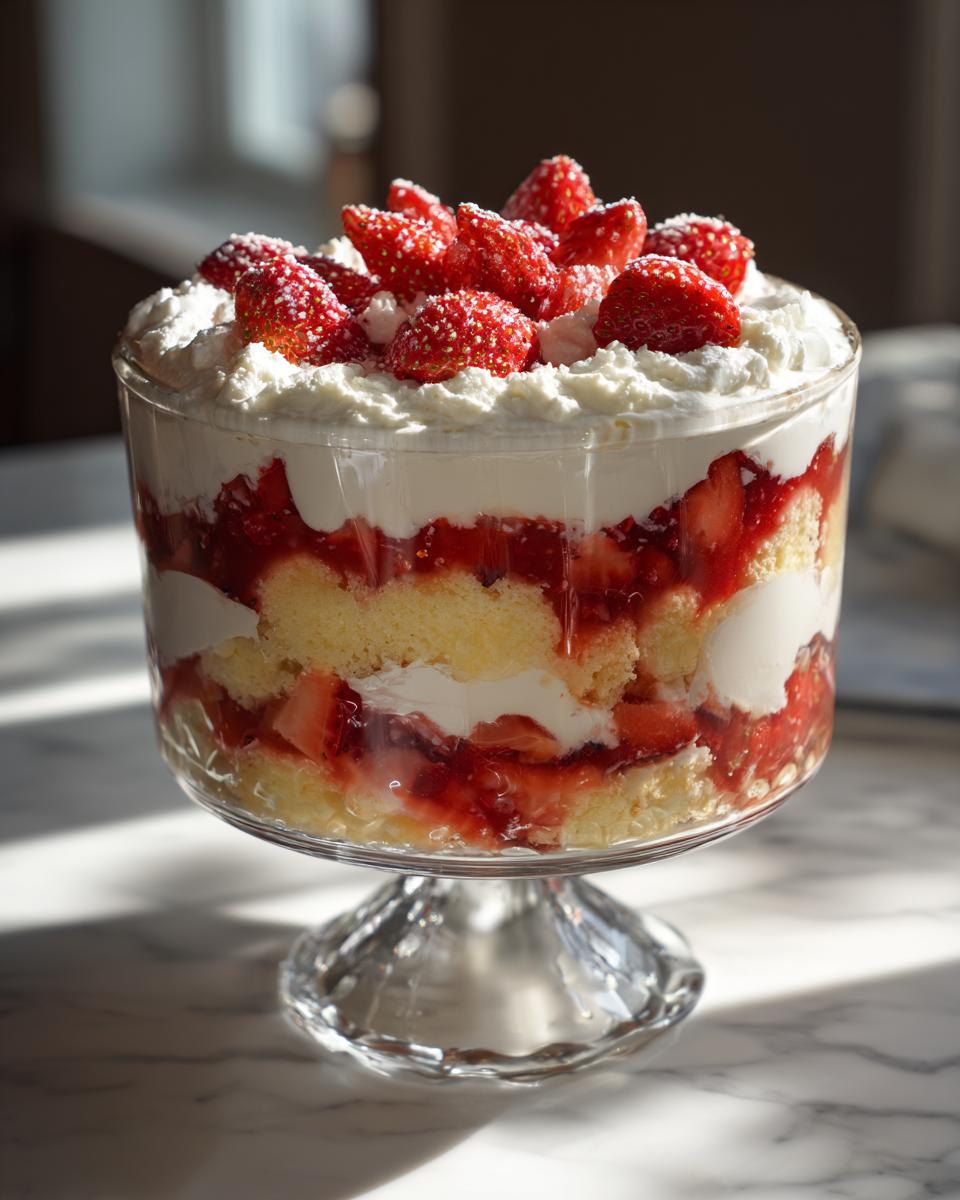 A layered Strawberry Shortcake Trifle in a glass bowl, with whipped cream and fresh strawberries. This is the perfect Strawberry Shortcake Trifle recipe!