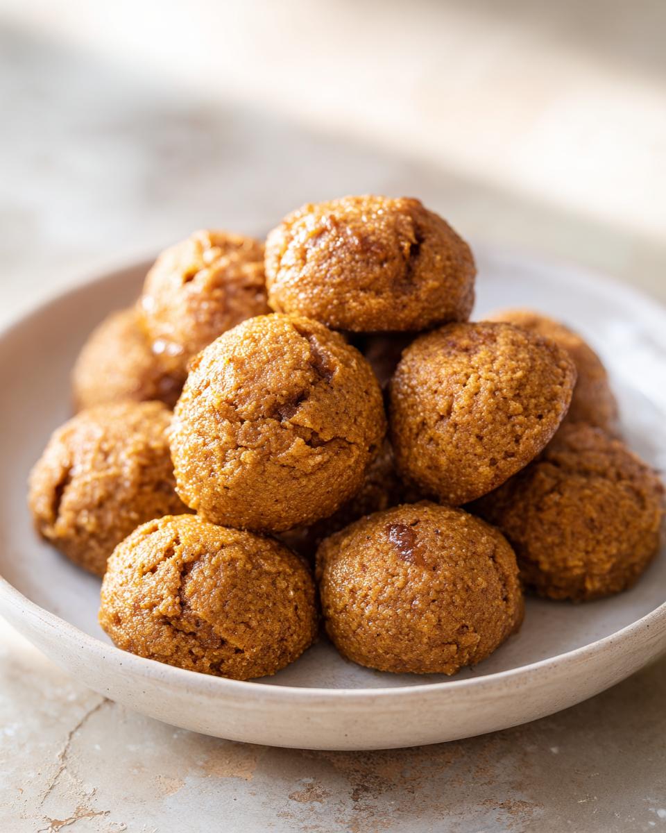 Pile of delicious sweet potato & honey treats, golden brown cookies, on a white plate.