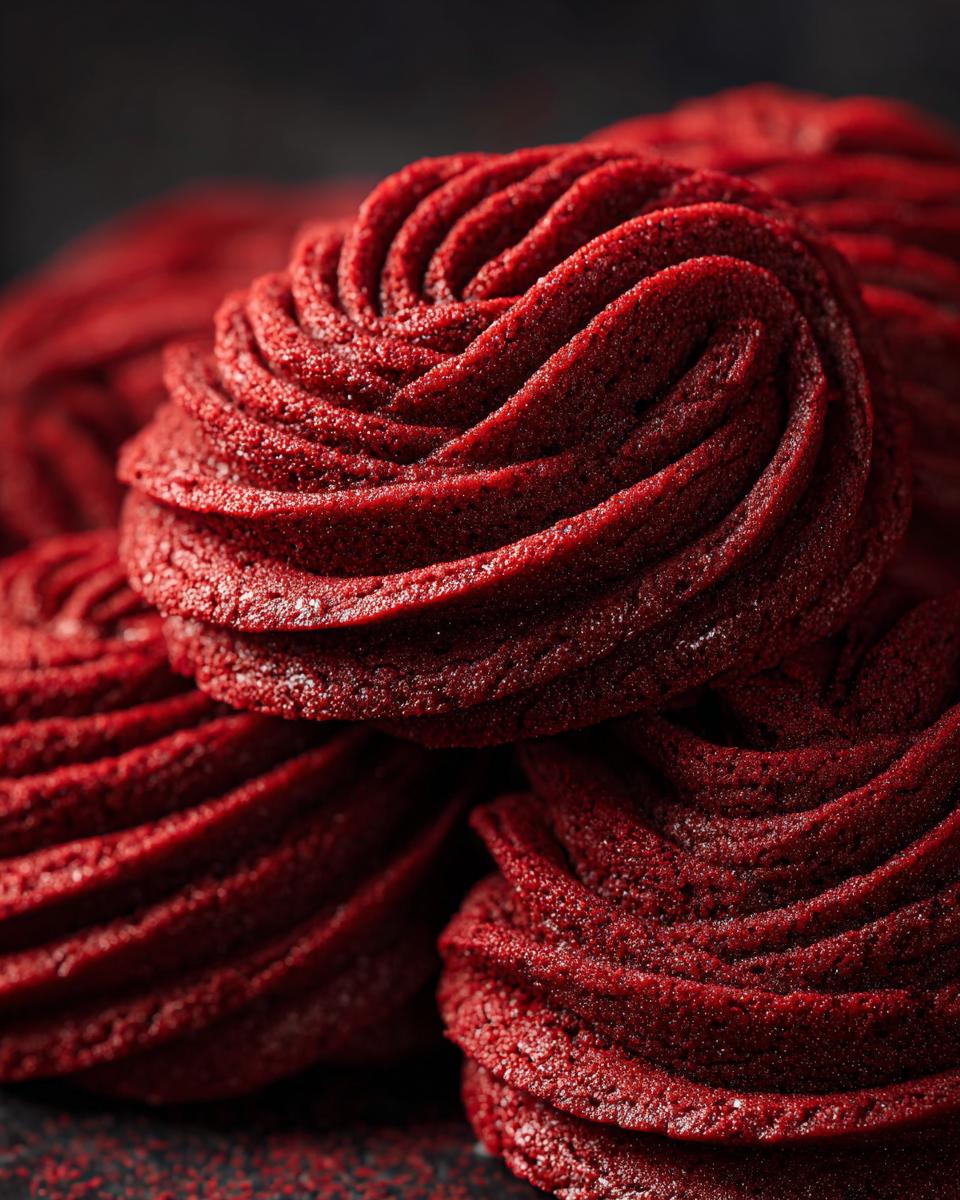 Close-up of red Sweet Valentine's Day Swirl Cookies, perfect for a romantic treat.