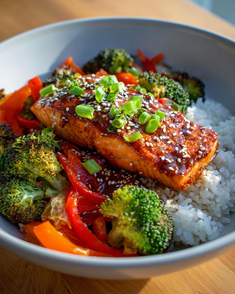 A vibrant Teriyaki Salmon Bowl with Veggies, including salmon, rice, broccoli, and peppers.