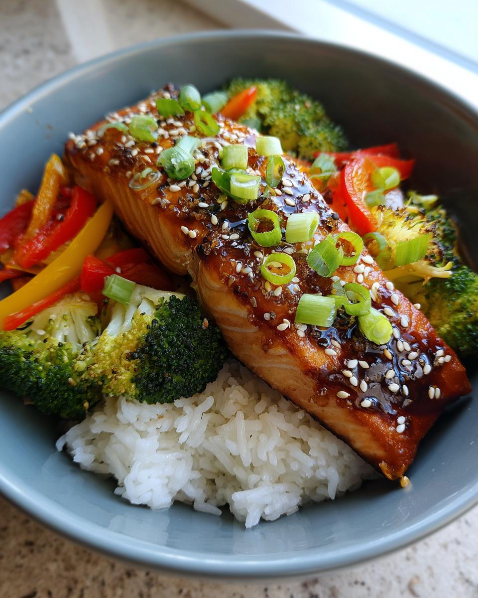 Close-up of a Teriyaki Salmon Bowl with Veggies, including salmon, rice, broccoli, and peppers.