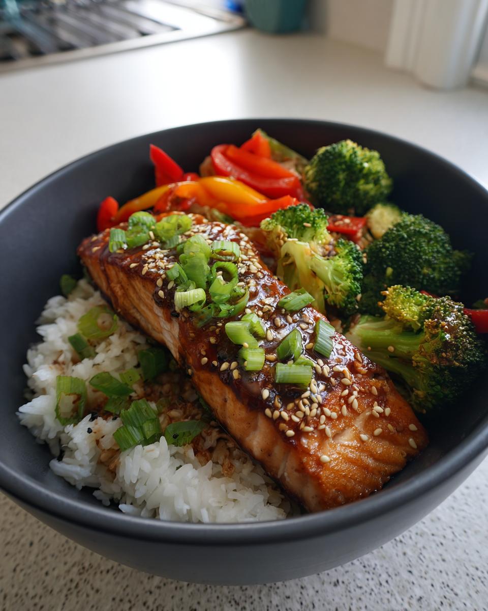 A Teriyaki Salmon Bowl with Veggies featuring salmon, rice, broccoli, and peppers.