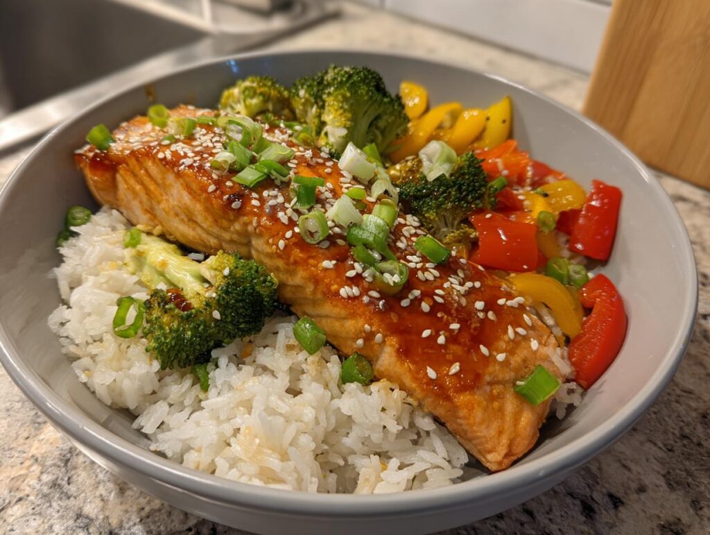 A flavorful Teriyaki Salmon Bowl with Veggies featuring salmon, rice, broccoli, and bell peppers.