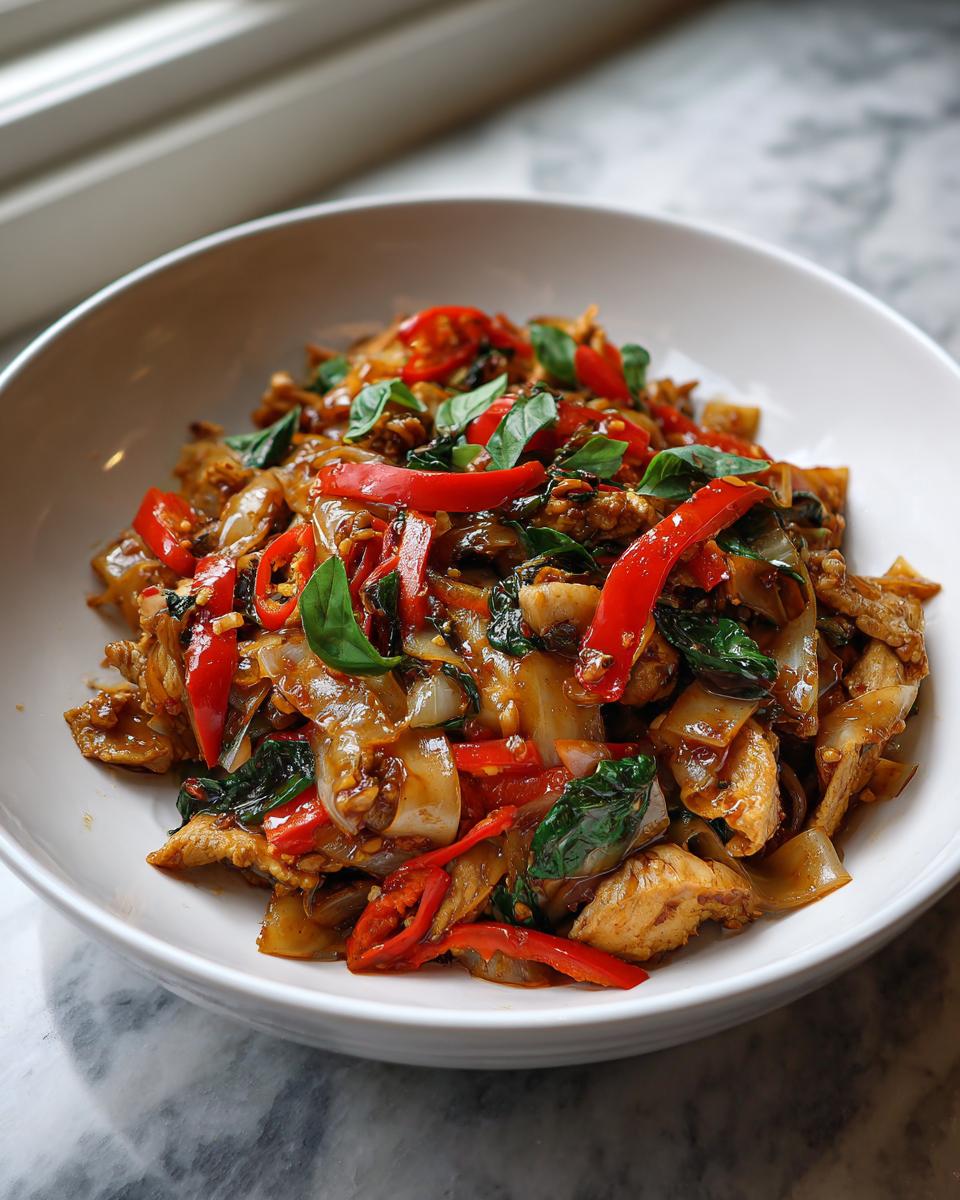 Close-up of a bowl of Thai Drunken Noodles (Pad Kee Mao) with noodles, vegetables, and basil.