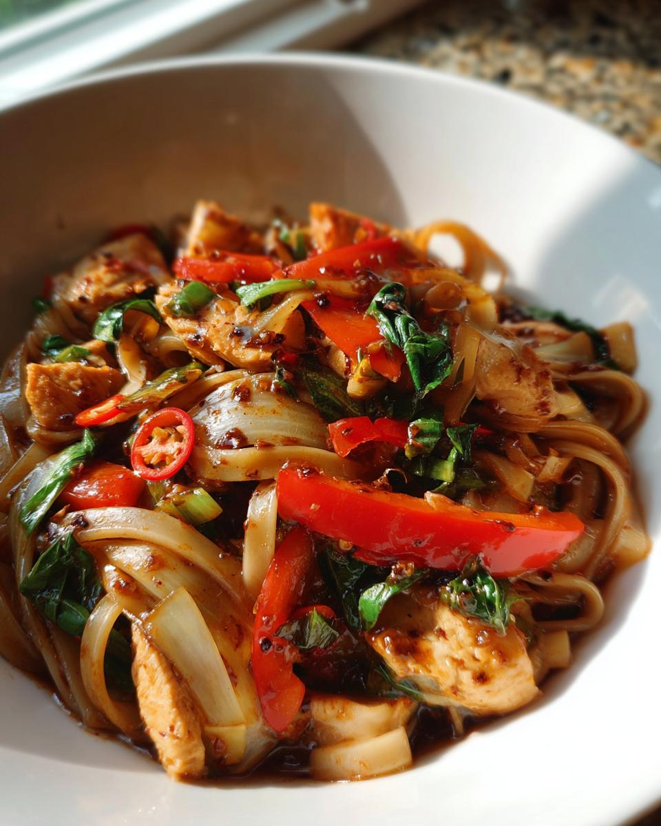 Close-up of a bowl of Thai Drunken Noodles (Pad Kee Mao) with noodles, vegetables, and chicken.