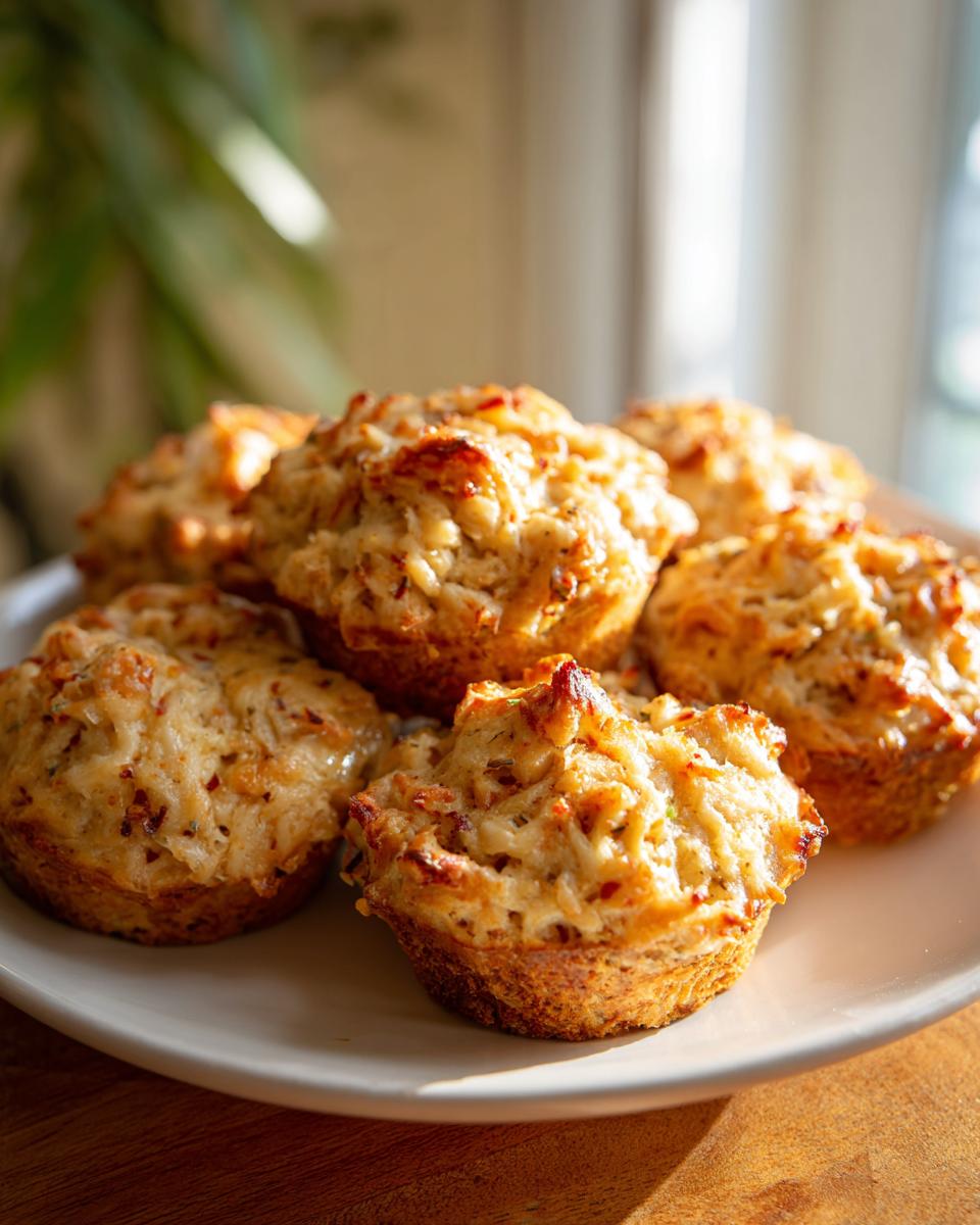 Close-up of a plate of freshly baked Tuna & Cheese Protein Bites, golden brown and delicious.