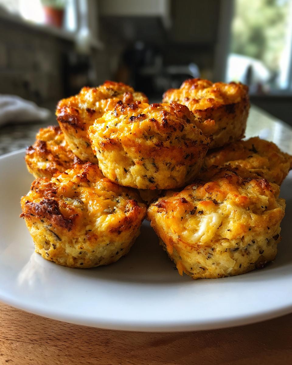 A stack of golden brown Tuna & Cheese Protein Bites on a white plate, ready to eat.