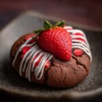 Close-up of a Valentine Strawberry Cookie topped with a fresh strawberry and white icing.