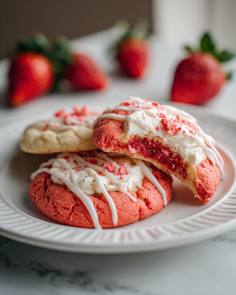 Close-up of pink Valentine Strawberry Cookies with frosting, on a white plate with strawberries in the background.