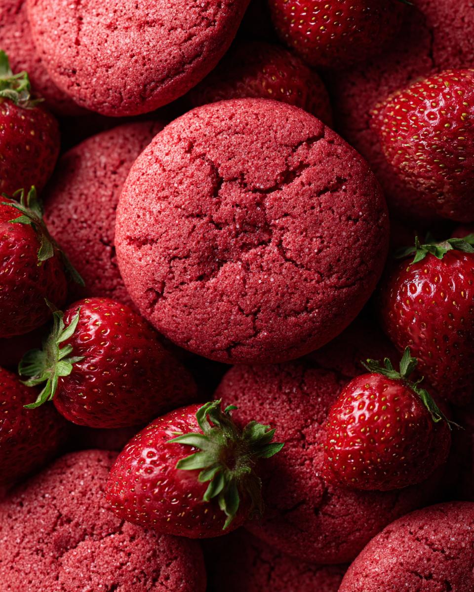 Close-up of Valentine Strawberry Cookies with fresh strawberries, perfect for a Valentine's Day treat.