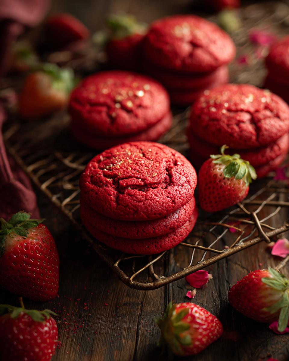 Stack of Valentine Strawberry Cookies with fresh strawberries on a wooden surface.