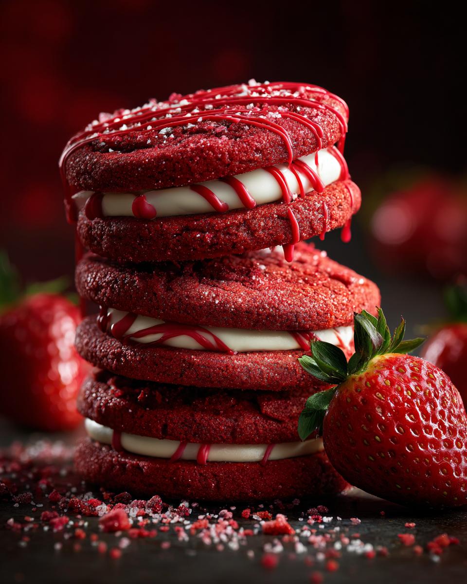Stack of Valentine Strawberry Cookies with cream filling and a fresh strawberry.