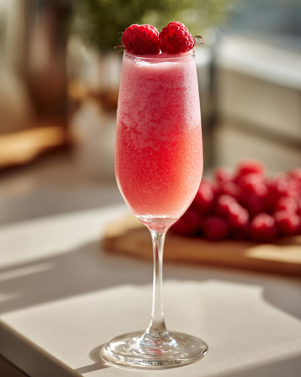 A tall glass of Valentine's Day Raspberry Bellini, garnished with fresh raspberries.