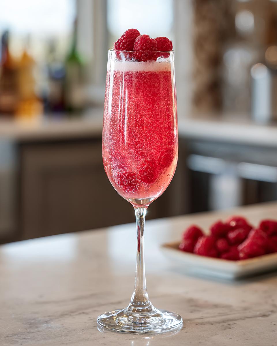 A refreshing Valentine's Day Raspberry Bellini in a champagne flute, garnished with fresh raspberries.