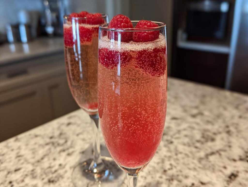 Two glasses of Valentine's Day Raspberry Bellini cocktails garnished with fresh raspberries.