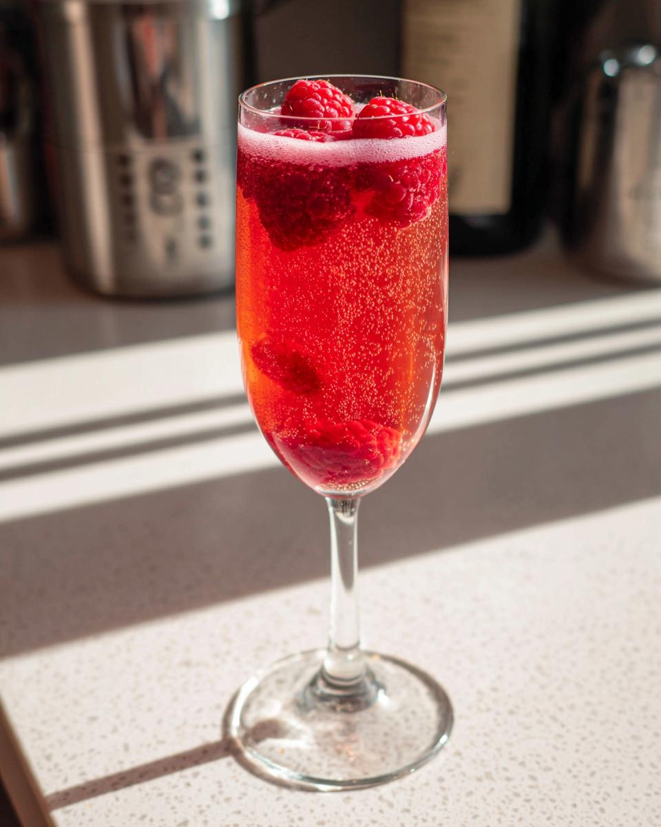 A refreshing Valentine's Day Raspberry Bellini in a champagne flute, garnished with fresh raspberries.