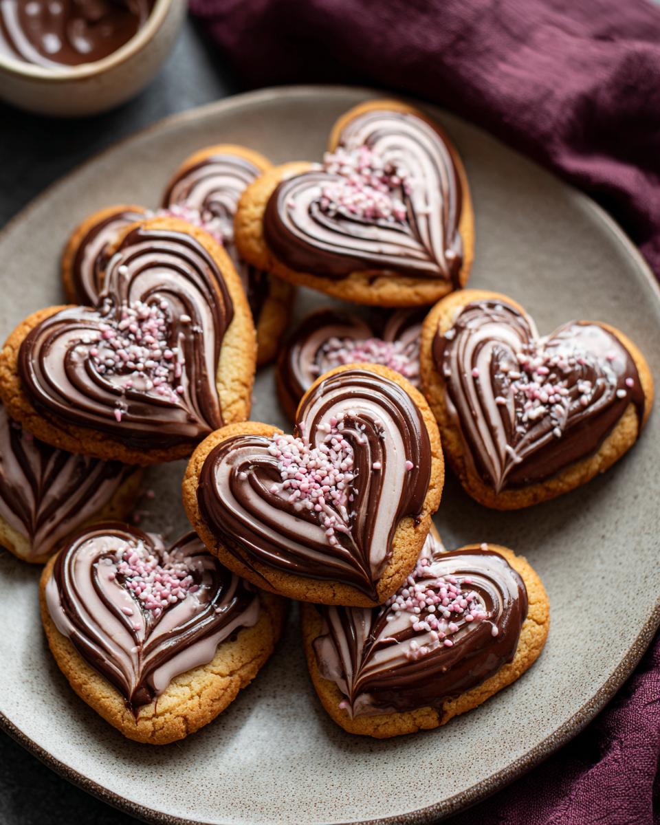 Close-up of heart-shaped Sweet Valentine’s Day Swirl Cookies with chocolate swirl frosting and sprinkles.