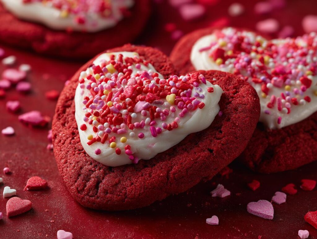 Heart-shaped Sweet Valentine’s Day Swirl Cookies with frosting and colorful sprinkles.