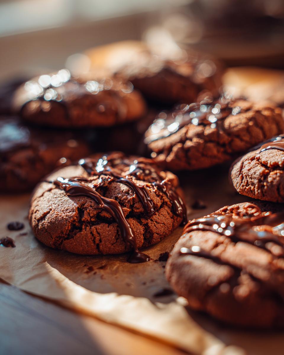 Close-up of freshly baked Valentine's Ganache Cookies drizzled with chocolate ganache on parchment paper.