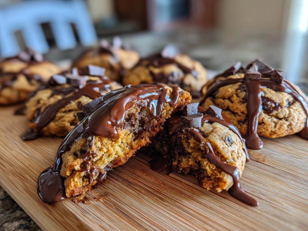 Close-up of a Valentine's Ganache Cookie cut in half, showing the chocolate ganache and cookie texture.