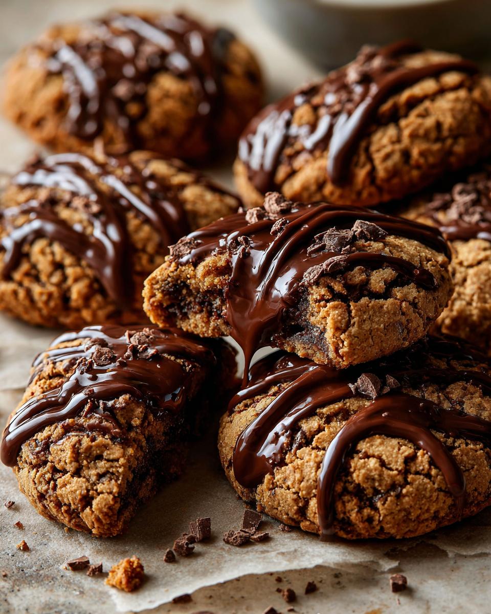 Close-up of delicious Valentine's Ganache Cookies drizzled with chocolate ganache and chocolate chips.