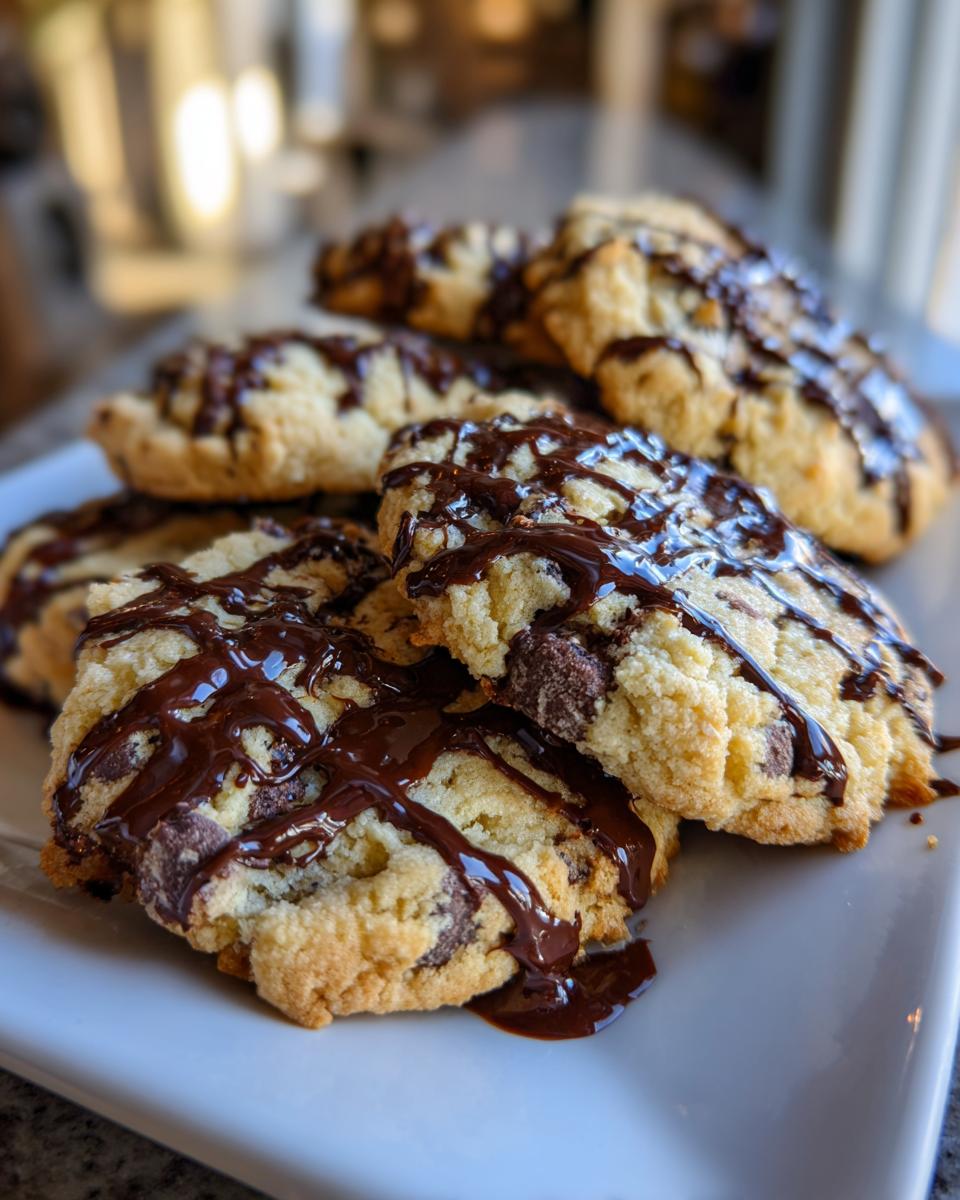 Pile of delicious Valentine's Ganache Cookies drizzled with chocolate on a white plate.