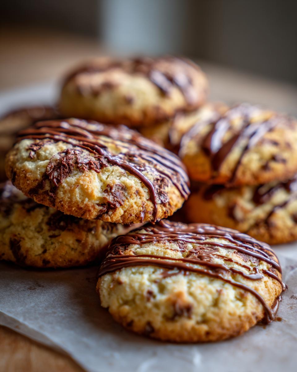 Close-up of a stack of Valentine's Ganache Cookies drizzled with chocolate.