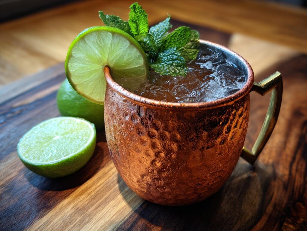 Close-up of a Valentine's Moscow Mule cocktail in a copper mug with lime and mint.