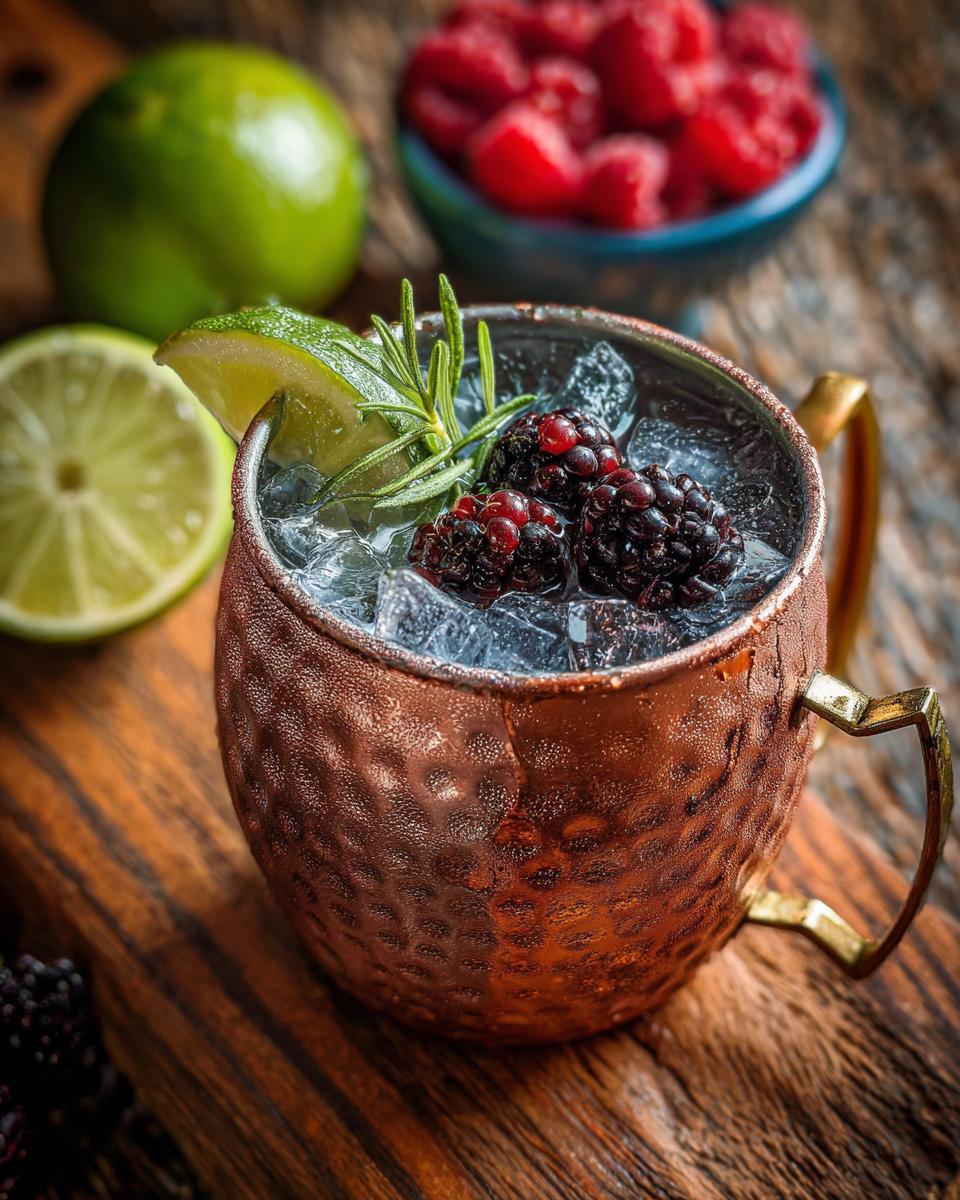 Close-up of a Valentine's Moscow Mule Cocktail - Vodka- Gingerbeer garnished with blackberries and lime.
