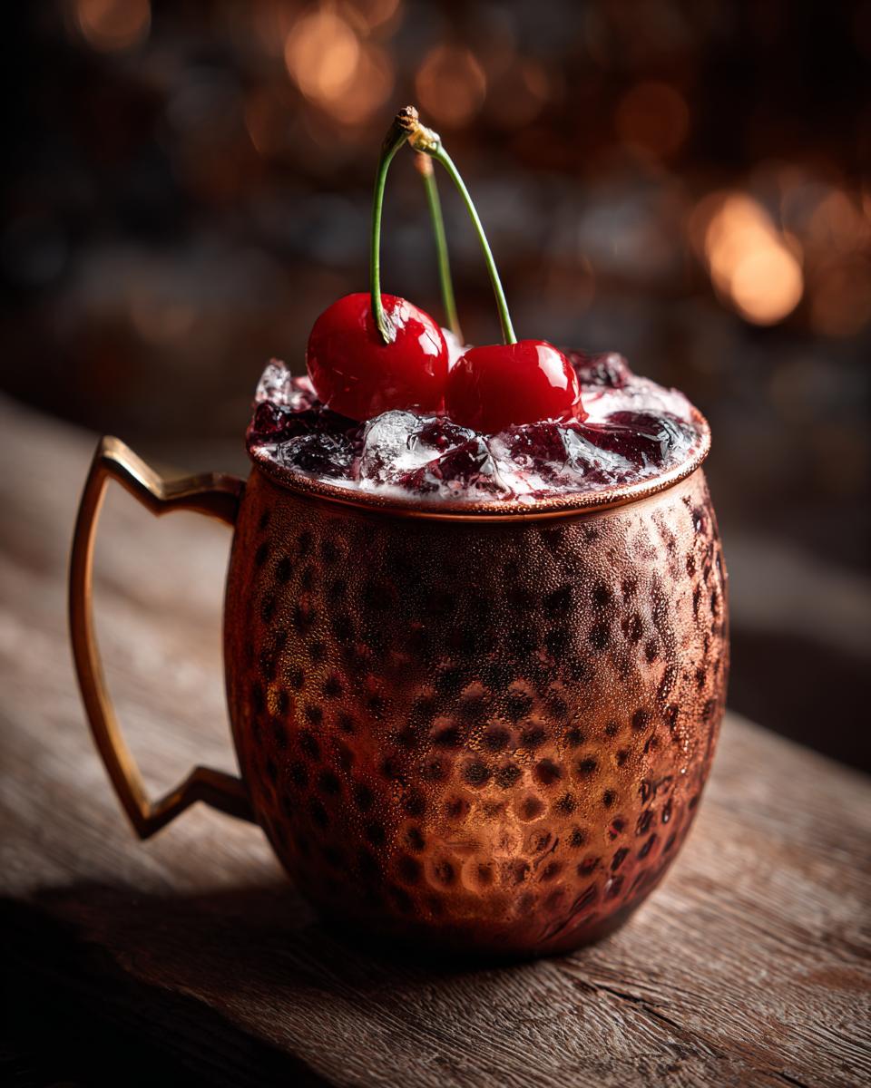 Close-up of a Valentine's Moscow Mule Cocktail - Vodka- Gingerbeer in a copper mug, garnished with cherries.