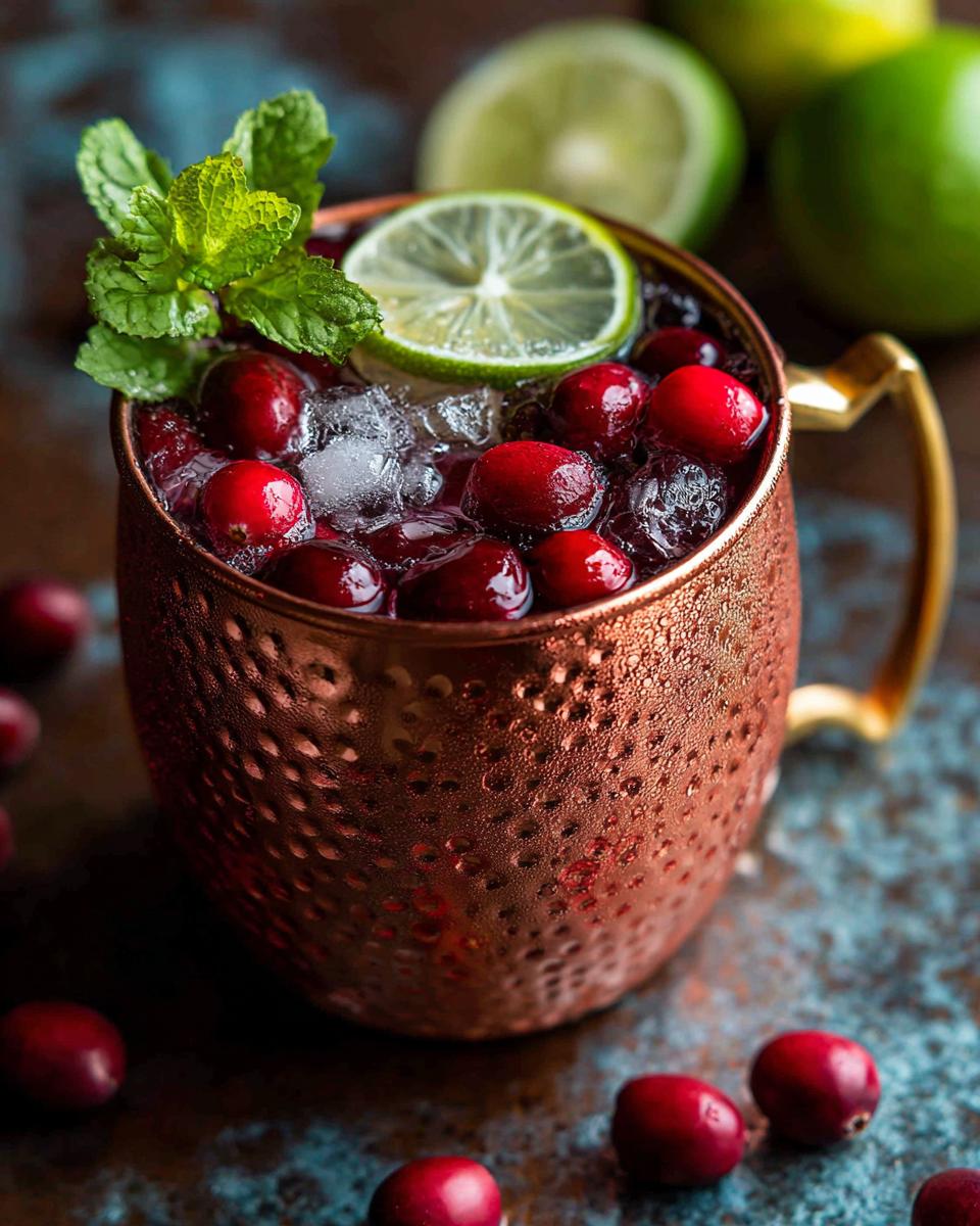 Close-up of a Valentine's Moscow Mule Cocktail - Vodka- Gingerbeer in a copper mug, garnished with cranberries, lime, and mint.