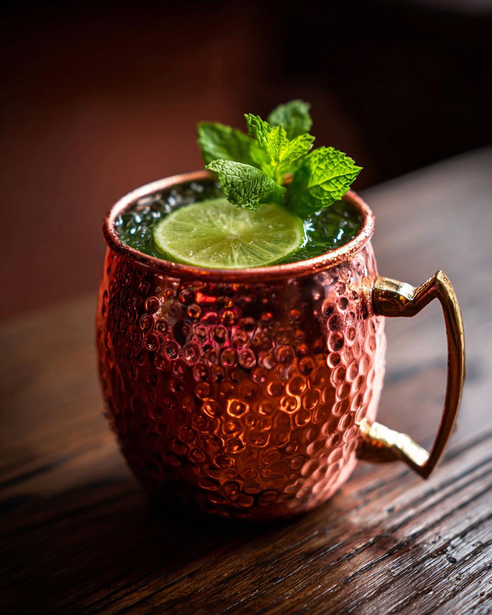 Close-up of a Valentine's Moscow Mule cocktail in a copper mug, garnished with lime and mint.