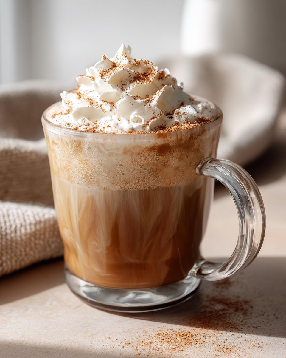 A close-up of a Vanilla Maple Latte in a glass mug, topped with whipped cream and cinnamon.