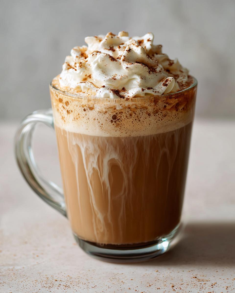 A close-up of a Vanilla Maple Latte in a glass mug, topped with whipped cream and cinnamon.