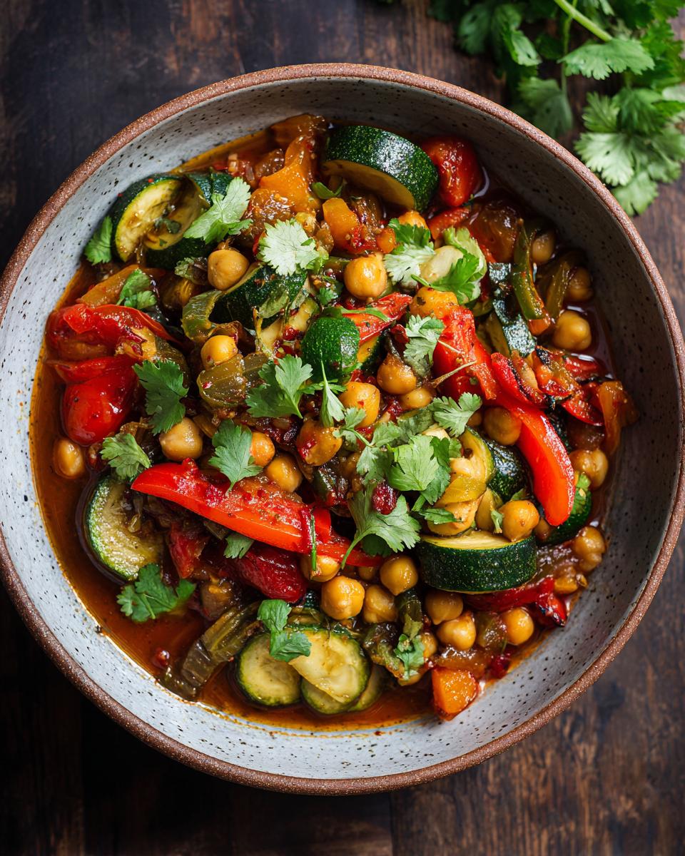 Close-up of a bowl filled with Vegan Chickpea Tagine, featuring chickpeas, vegetables, and herbs.