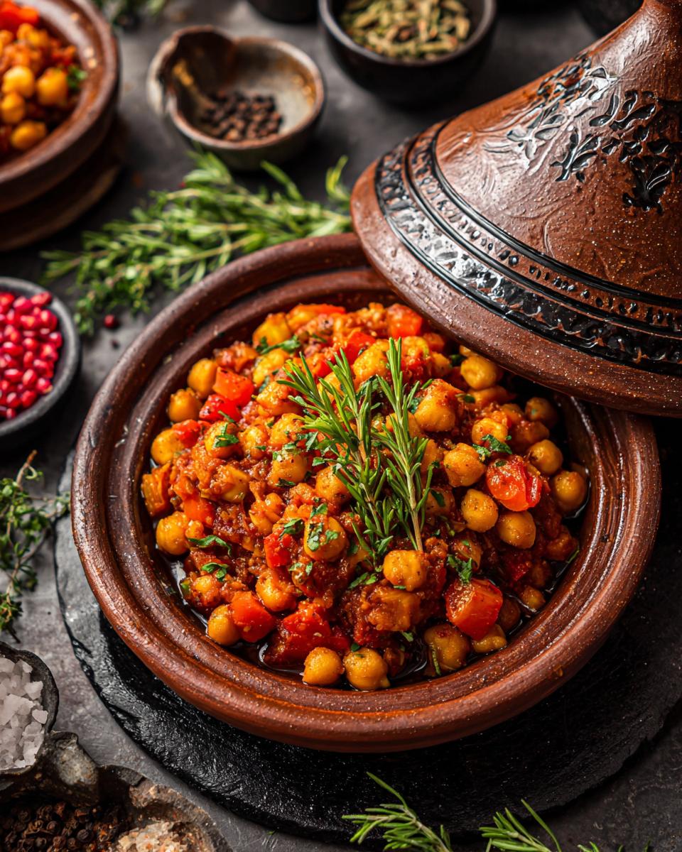 Close-up of a flavorful Vegan Chickpea Tagine served in a traditional tagine pot, garnished with herbs.