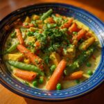 Close-up of a bowl of Vegetable Korma Curry with carrots, peas, and green beans.