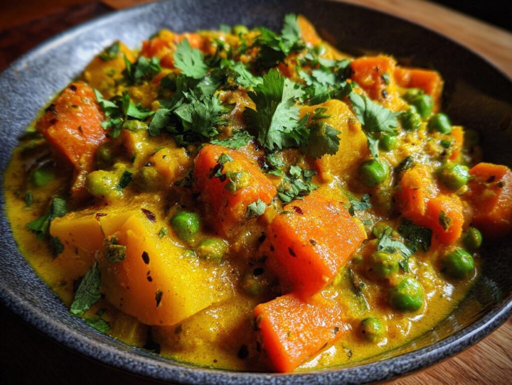 Close-up of a bowl of Vegetable Korma Curry, garnished with fresh cilantro.