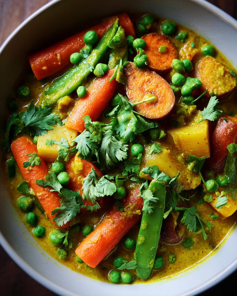 Close-up of a bowl filled with delicious Vegetable Korma Curry, featuring carrots, peas, and potatoes.