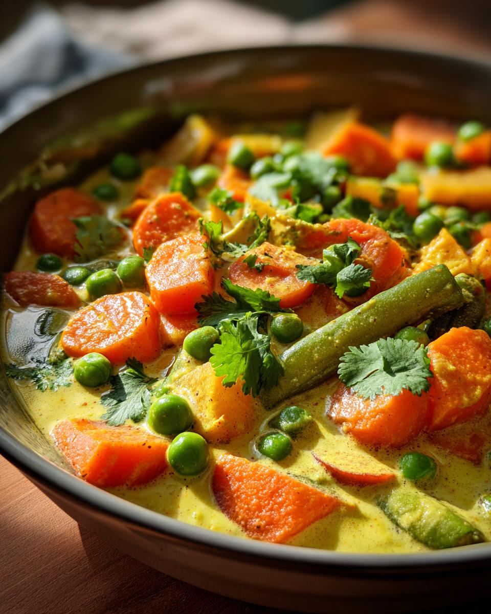 Close-up of a vibrant Vegetable Korma Curry with carrots, peas, and green beans in a creamy sauce.