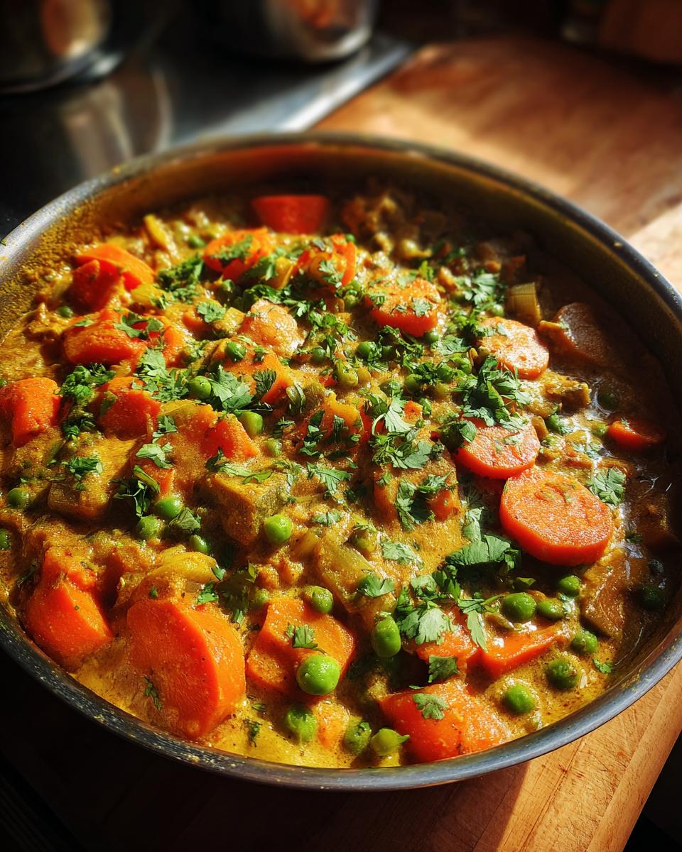 Close-up of a pan of Vegetable Korma Curry with carrots, peas, and fresh herbs.