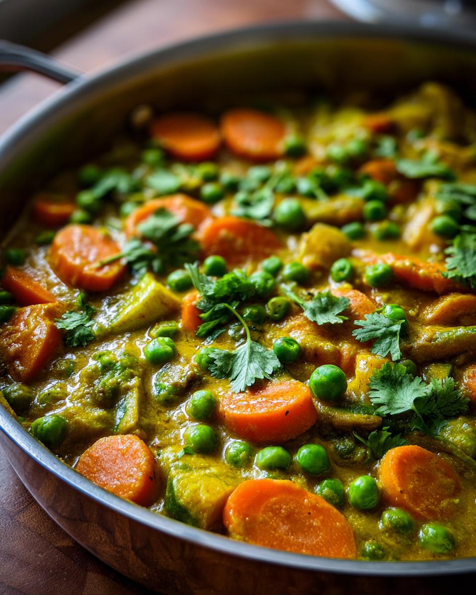 Close-up of a pan filled with delicious Vegetable Korma Curry, featuring carrots and peas.