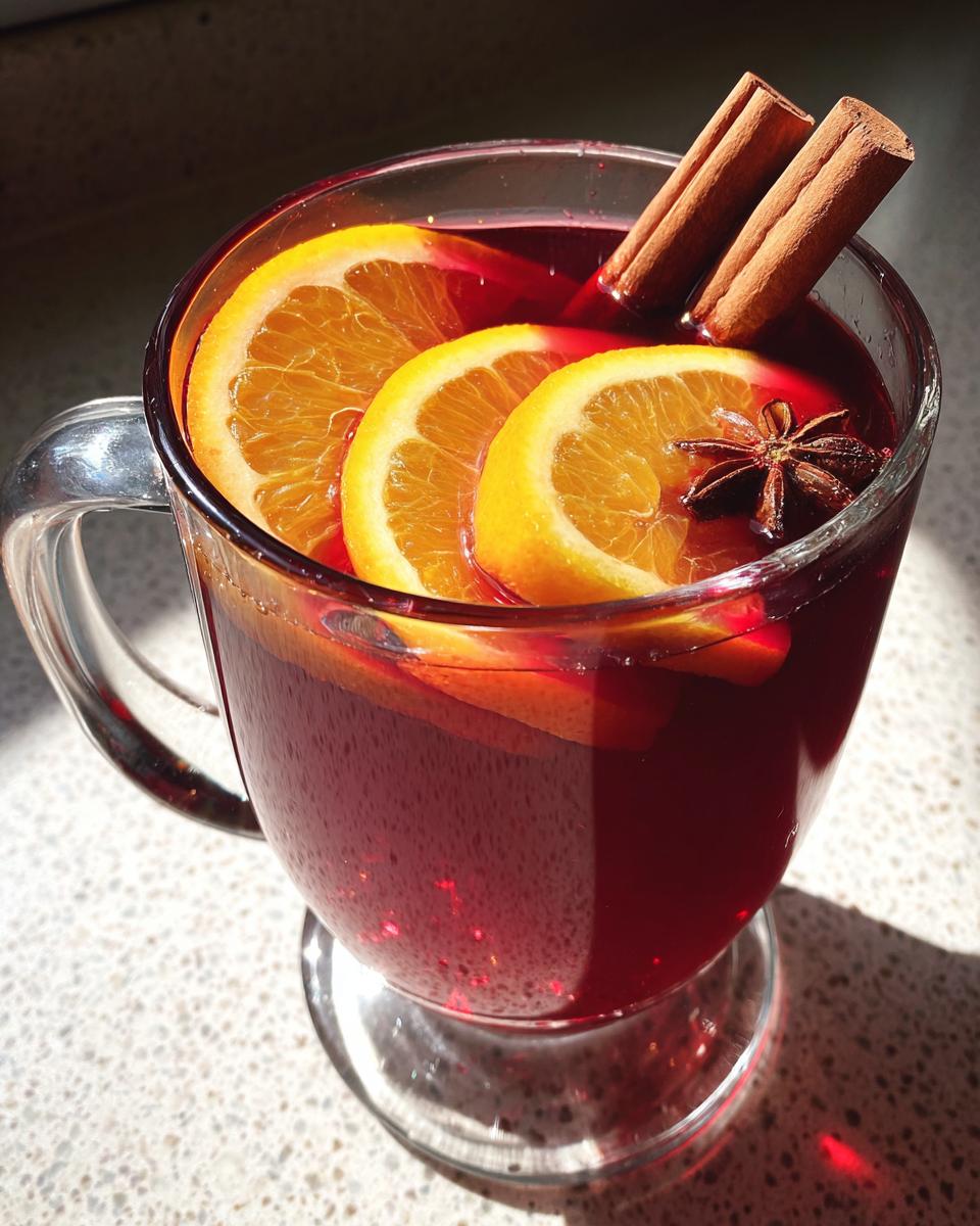 Close-up of a glass of Warm Spiced Cranberry-Apple Punch with orange slices, cinnamon sticks, and star anise.