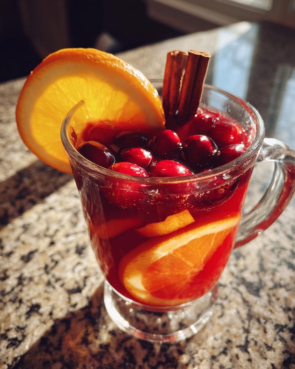 Close-up of a glass of warm spiced cranberry-apple punch with orange slices, cranberries, and cinnamon sticks.