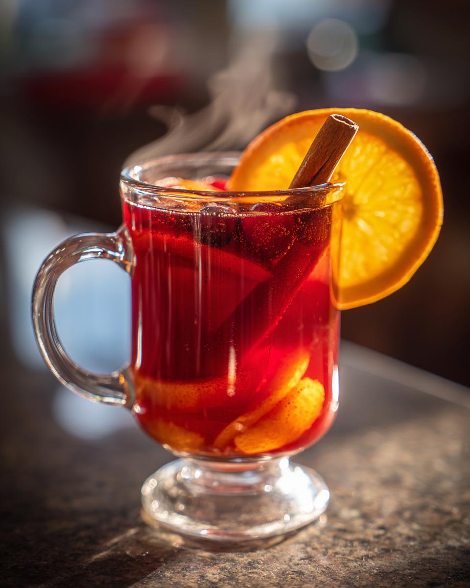 A glass of warm spiced cranberry-apple punch with orange slice and cinnamon stick, steaming.