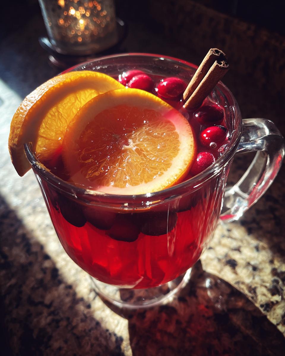 A clear glass mug filled with Warm Spiced Cranberry-Apple Punch, garnished with orange slices and cranberries.