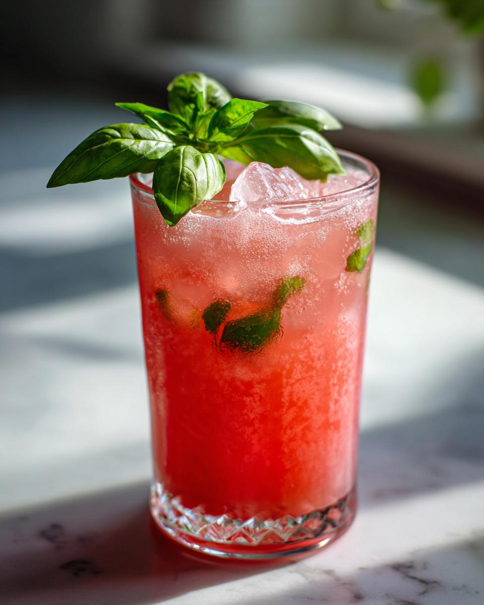 A tall glass of Watermelon Basil Lemonade, garnished with fresh basil leaves and ice.